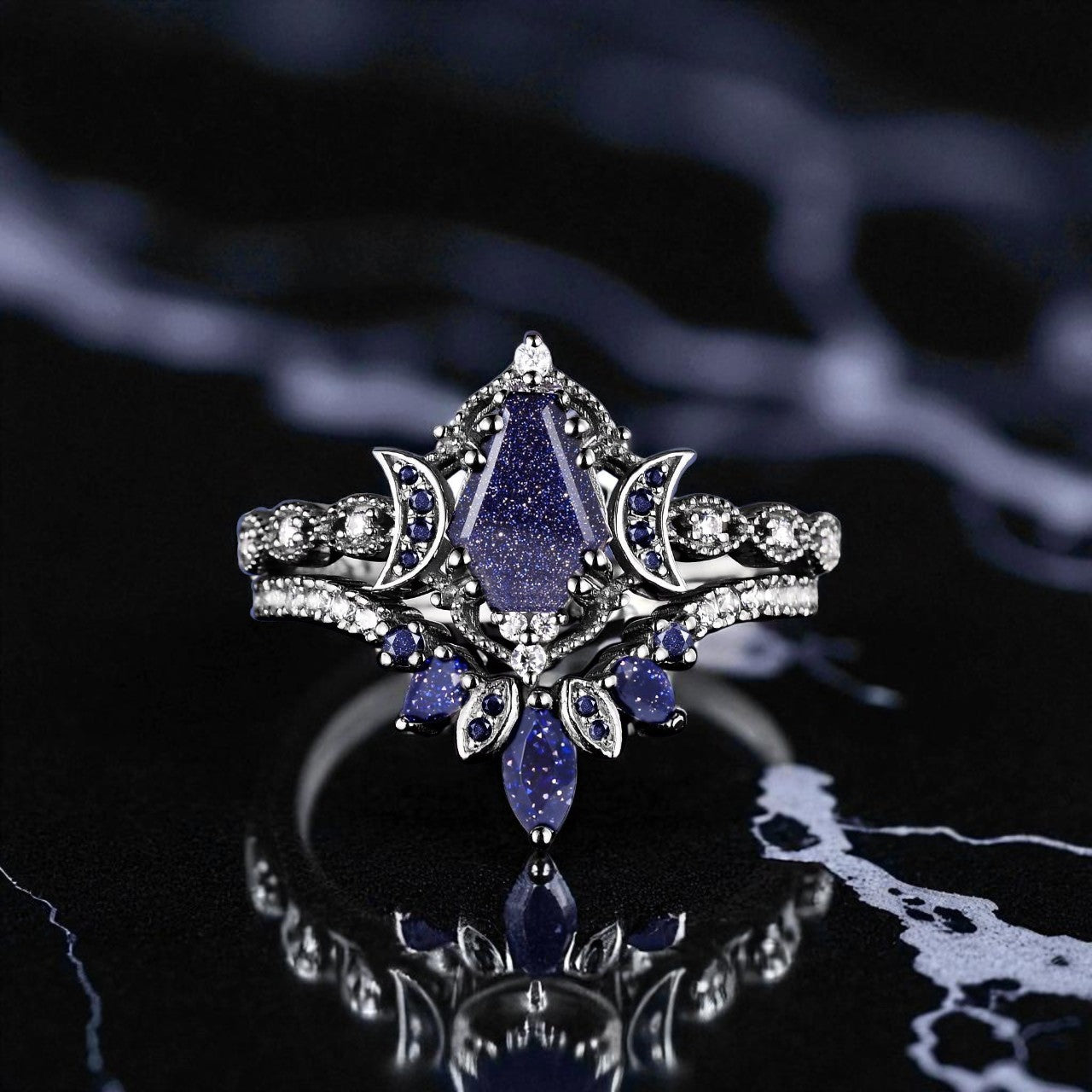 Galaxy Crescent Moon Black Gold Coffin Blue Sandstone Gothic Witchy Engagement Ring Set