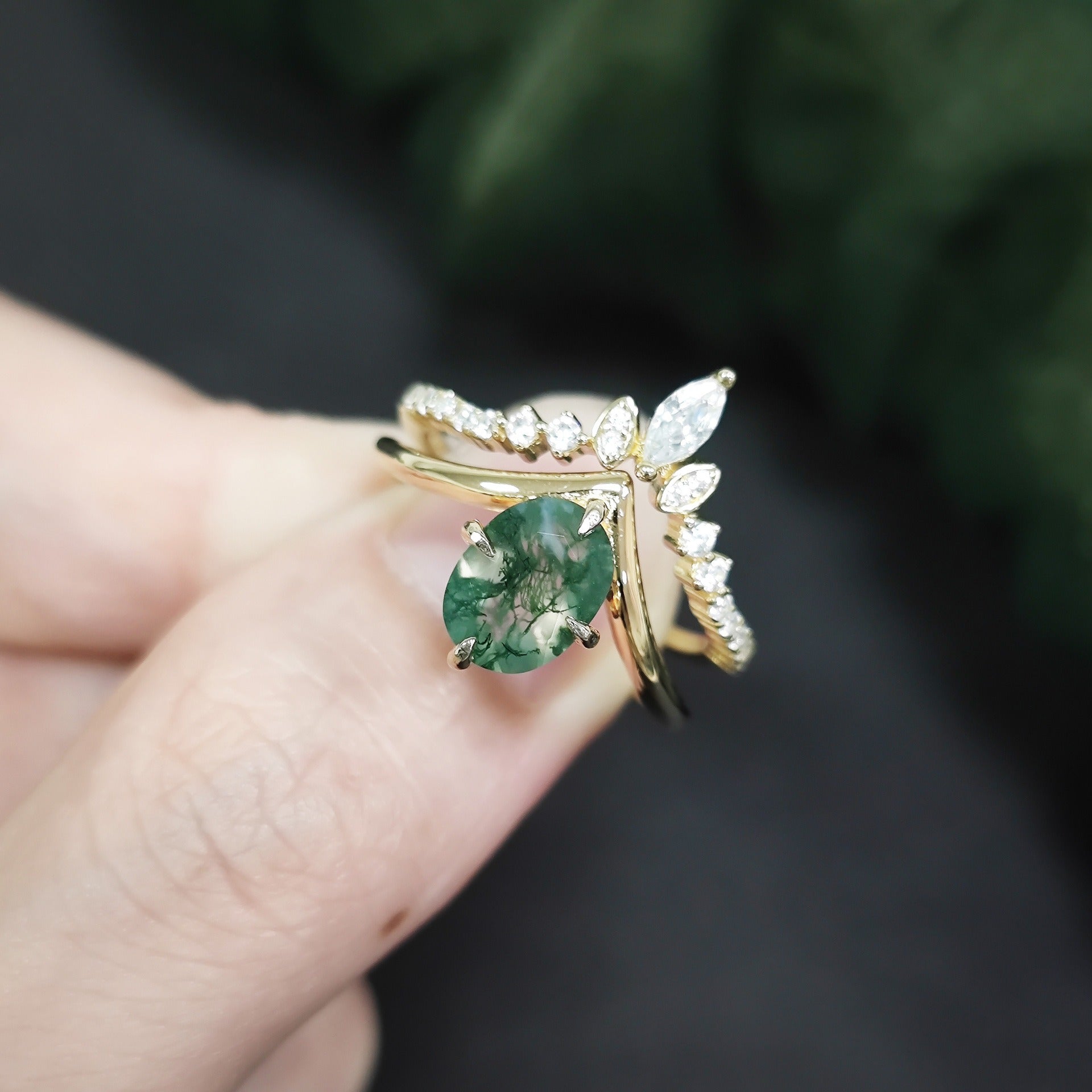Green Moss Agate Ring V Shaped Classic Stacking Band Bridal Set