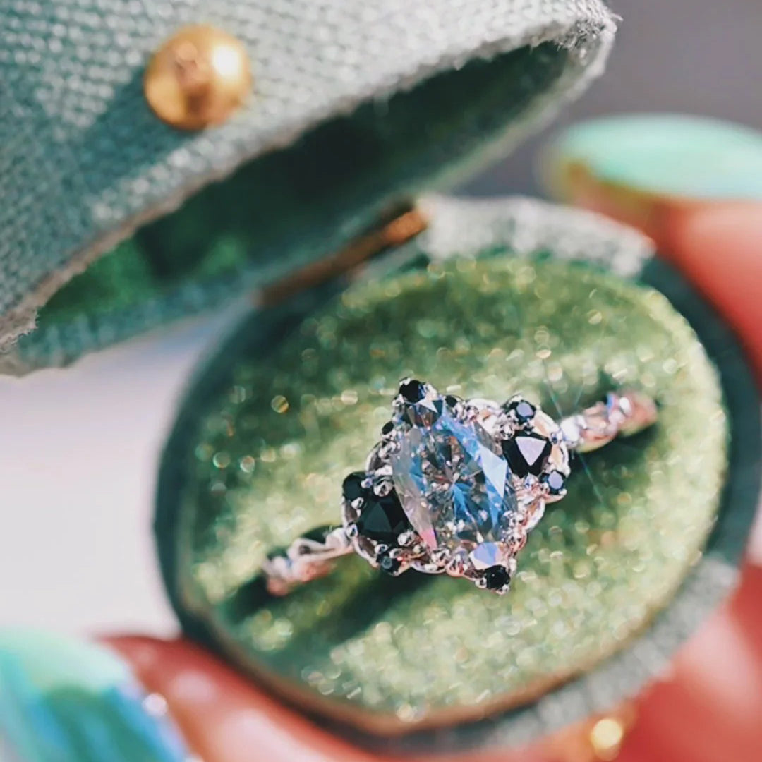 Three Stone Oval Grey Moissanite & Black Moissanite Gothic Ring