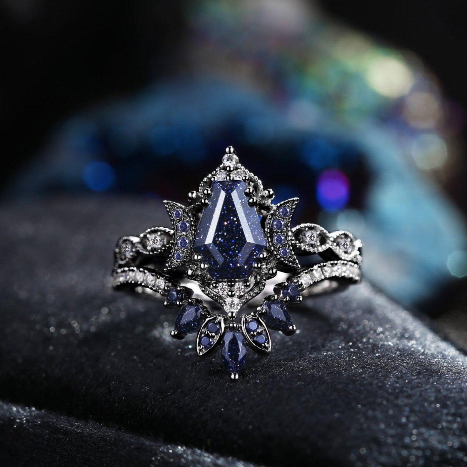 Galaxy Crescent Moon Black Gold Coffin Blue Sandstone Gothic Witchy Engagement Ring Set