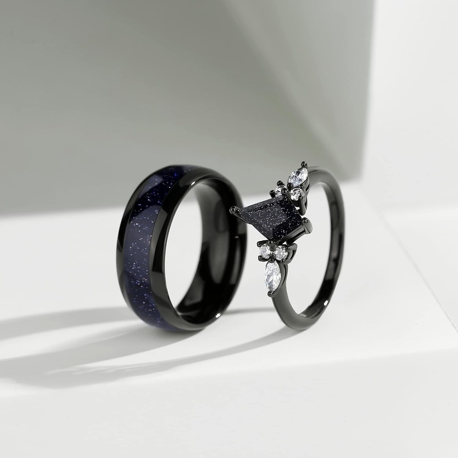 Couple Ring - Kite Cut Blue Sandstone Black Gold Engagement Promise Matching Rings