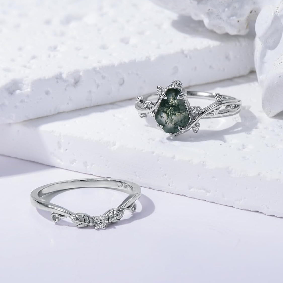 Unique Coffin Cut Natural Moss Agate Engagement Wedding Ring Set