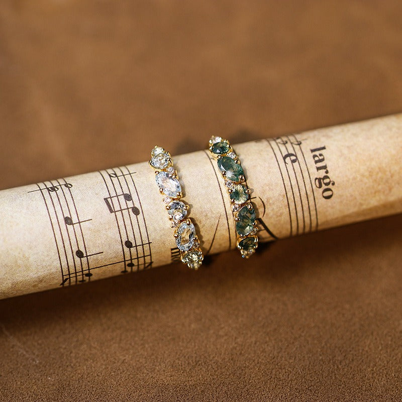Marquise Cut Moss Agate Straight Half Eternity Wedding Band