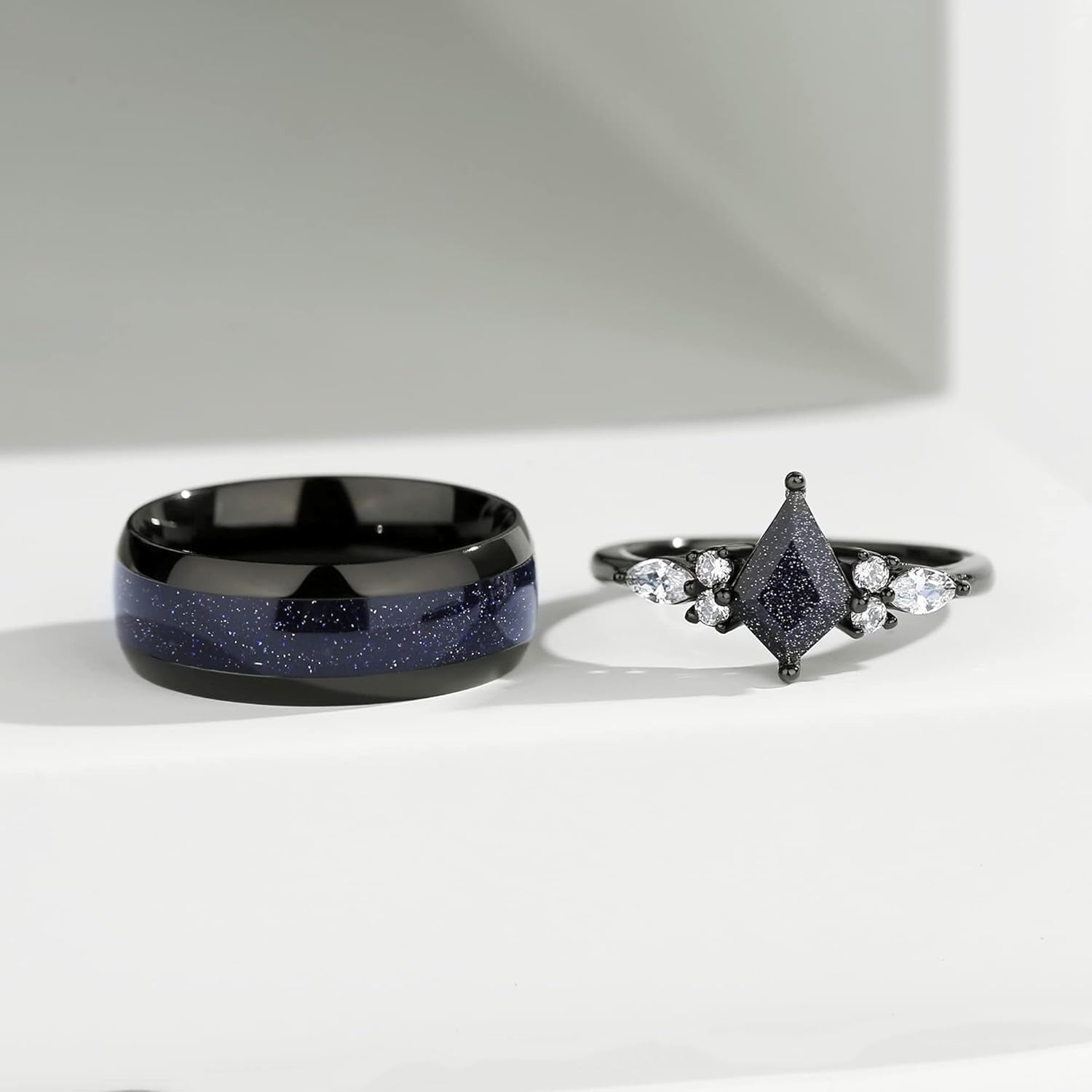 Couple Ring - Kite Cut Blue Sandstone Black Gold Engagement Promise Matching Rings