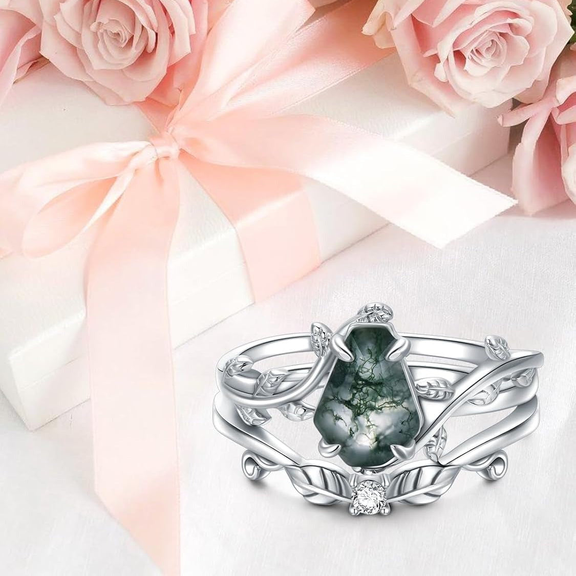 Unique Coffin Cut Natural Moss Agate Engagement Wedding Ring Set