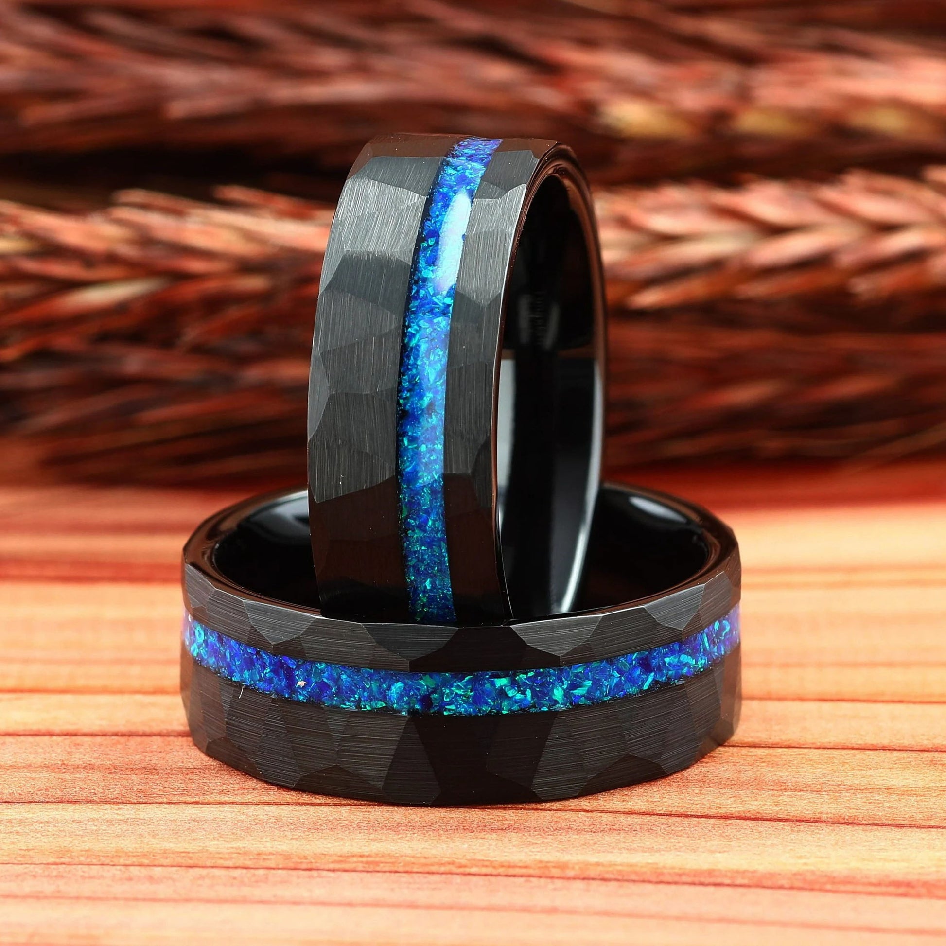 “Neon Rift” 8MM Hammered Flat with Blue Opal Inlay Men Band