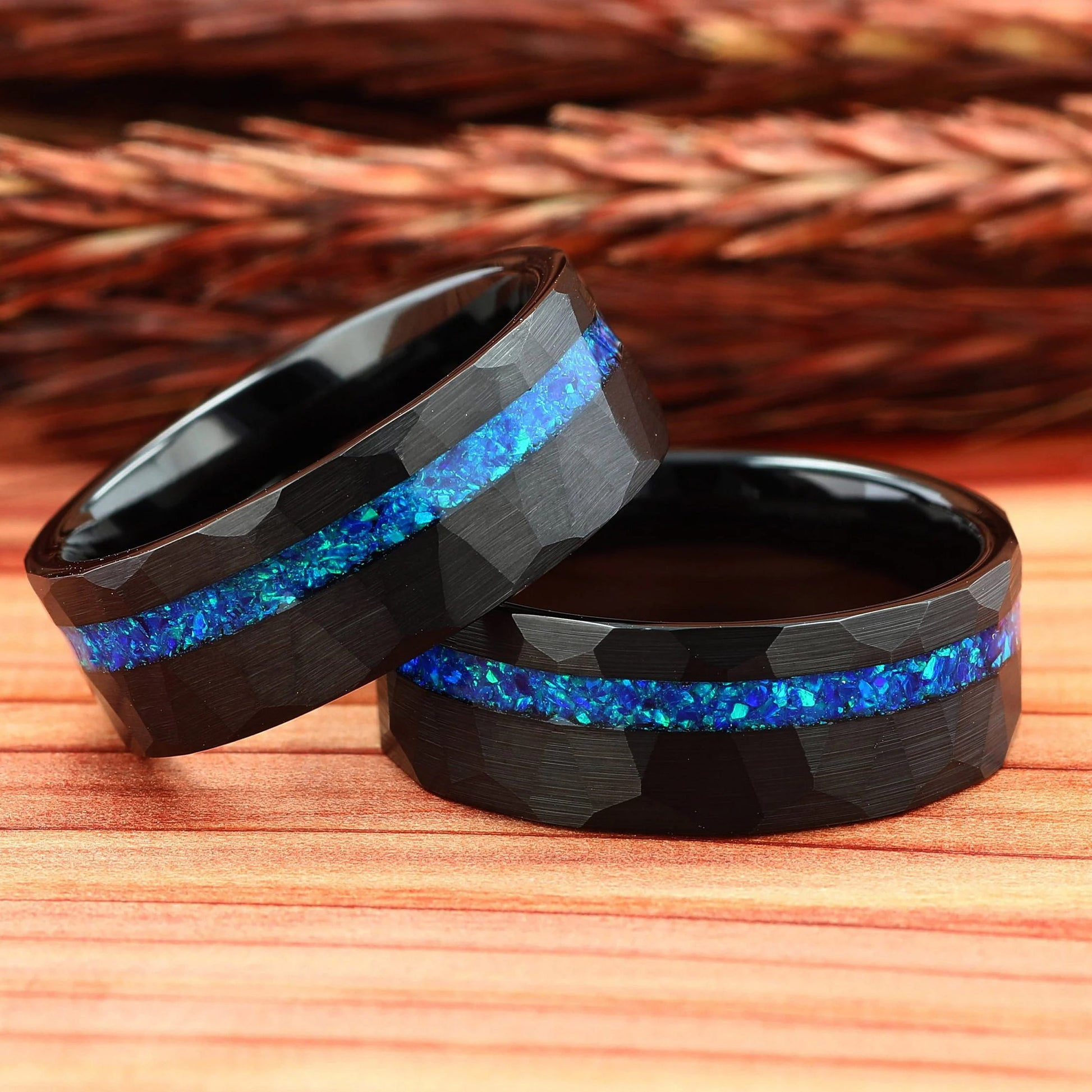 “Neon Rift” 8MM Hammered Flat with Blue Opal Inlay Men Band