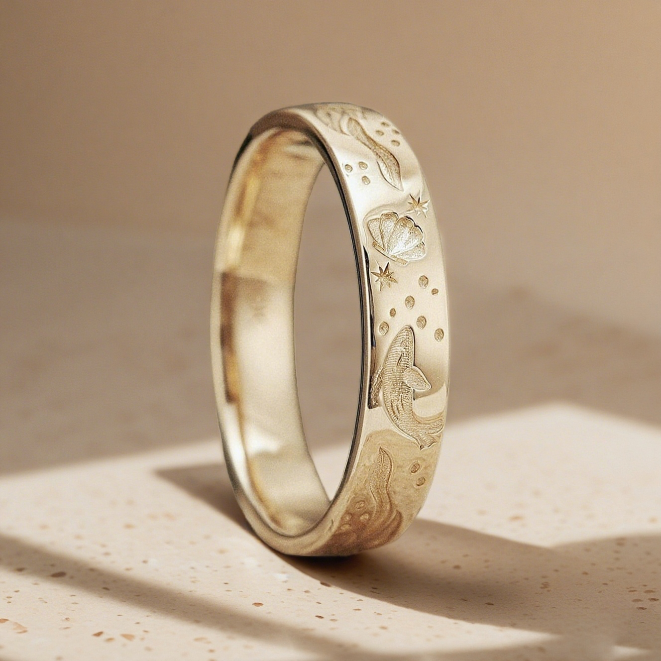 Whale Song 4MM Ocean Whale Inspired Engraving Solid Gold Mens Wedding Band