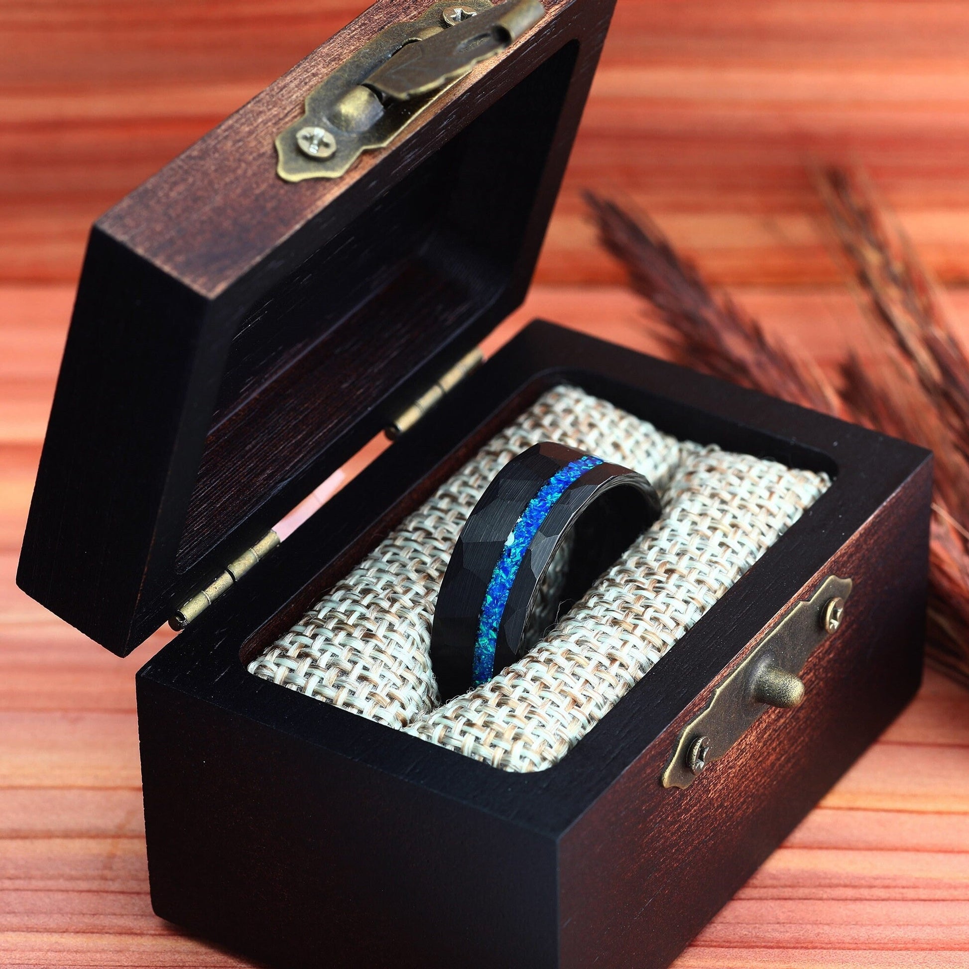 “Neon Rift” 8MM Hammered Flat with Blue Opal Inlay Men Band