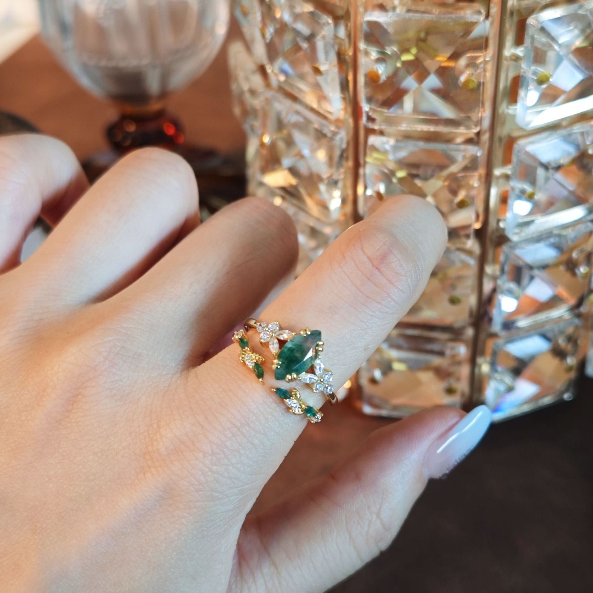 Natural Marquise Moss Agate Leaf Stackable Elegant Women Ring Set