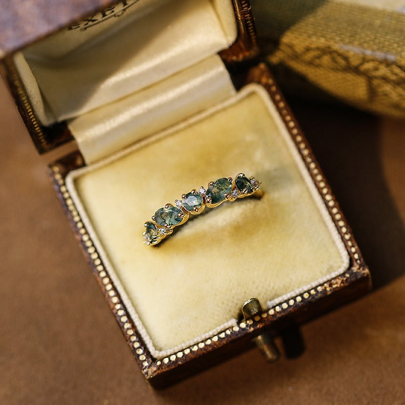 Marquise Cut Moss Agate Straight Half Eternity Wedding Band