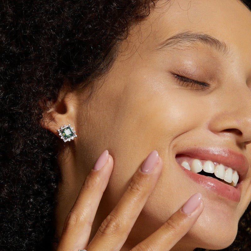 Princess Cut Moss Agate Antique Antique Halo Collection Stud Earrings