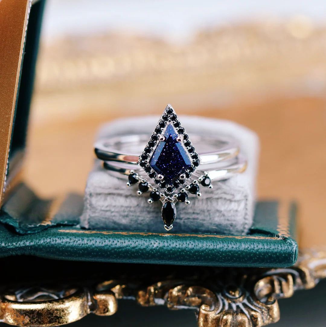 Kite Cut Blue Sandstone Starry Night Engagement Ring Set