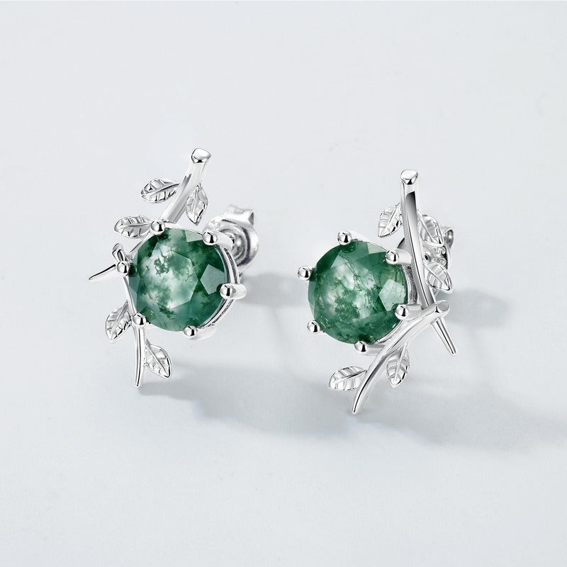 Round Cut Moss Agate Nature Inspired Olive Branch Stud Earrings
