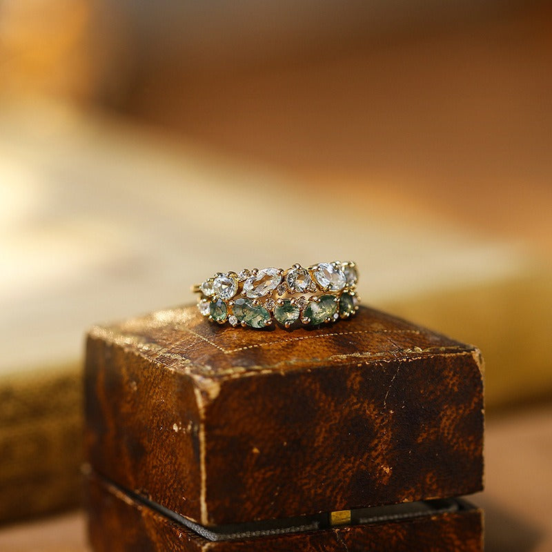Marquise Cut Moss Agate Straight Half Eternity Wedding Band