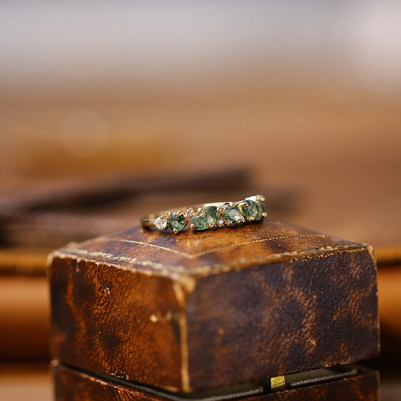 Marquise Cut Moss Agate Straight Half Eternity Wedding Band