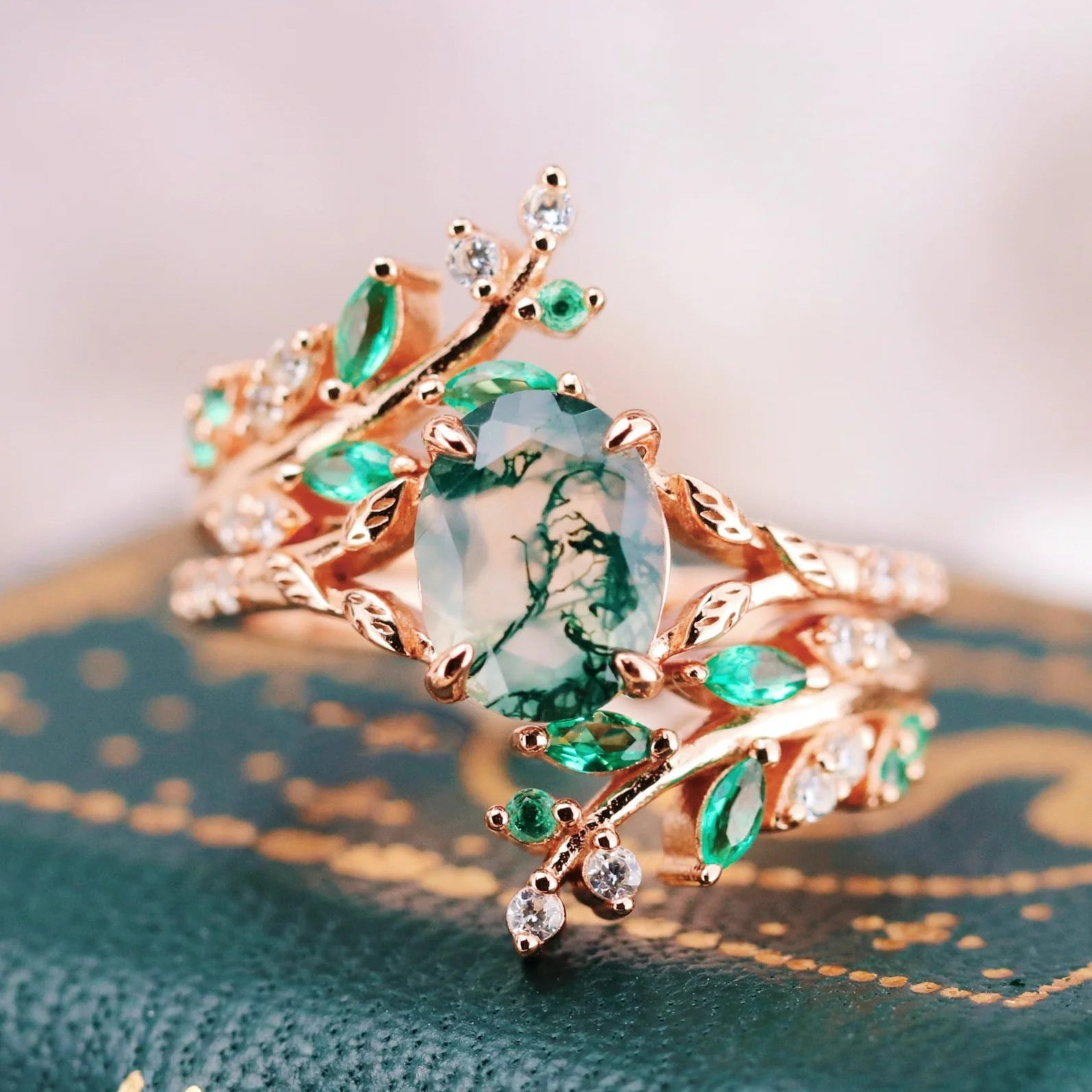 Green Moss Agate & Emerald Leaf Enhancer Bridal Set