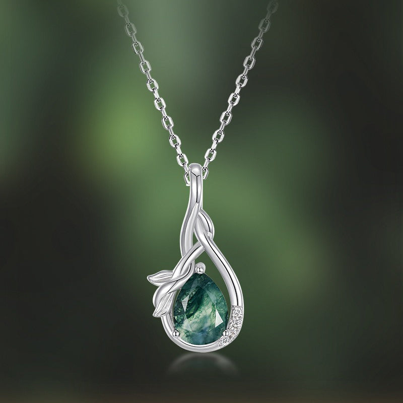 ’Avelyn Moss‘ Pear Natural Moss Agate Unique Women Anniversary Bridal Gift Necklace