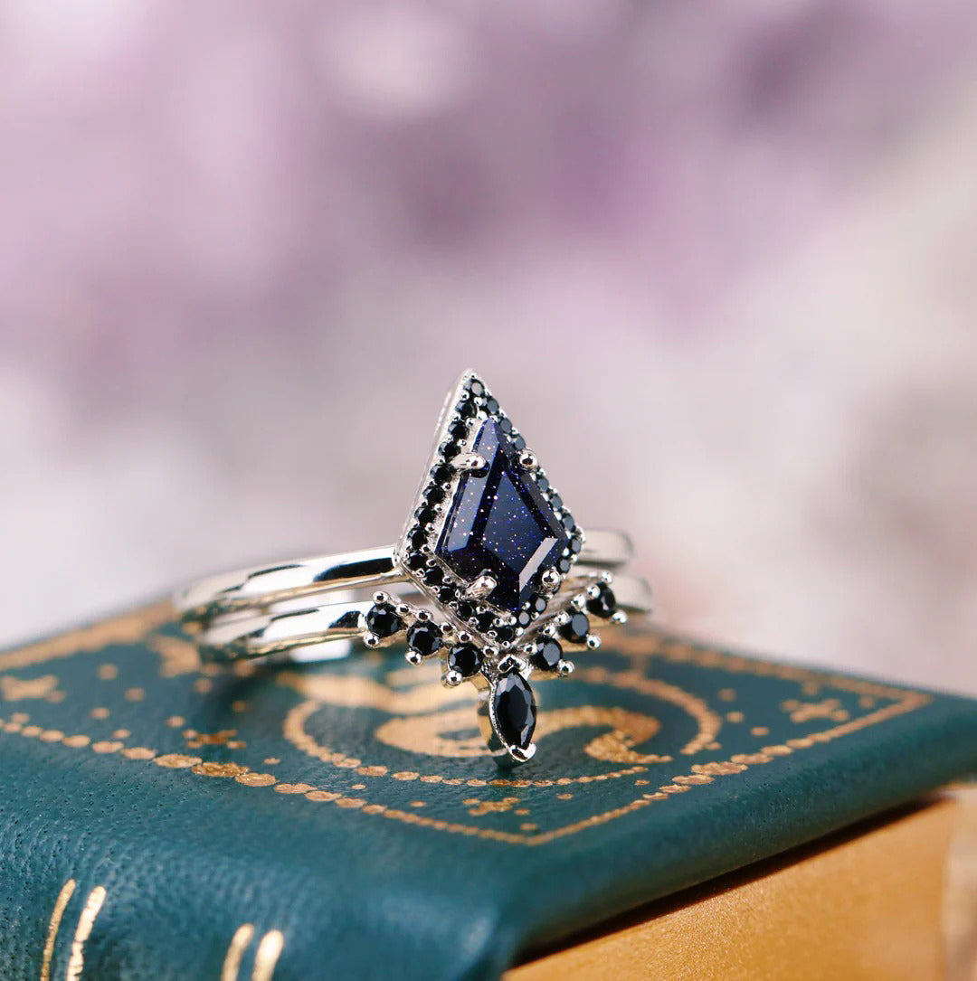 Kite Cut Blue Sandstone Starry Night Engagement Ring Set