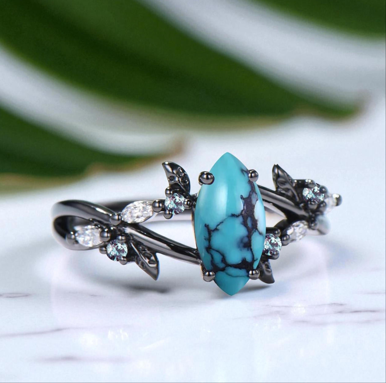 Unique Natural Inspired Gothic Marquise Turquoise Birthstone Engagement Ring