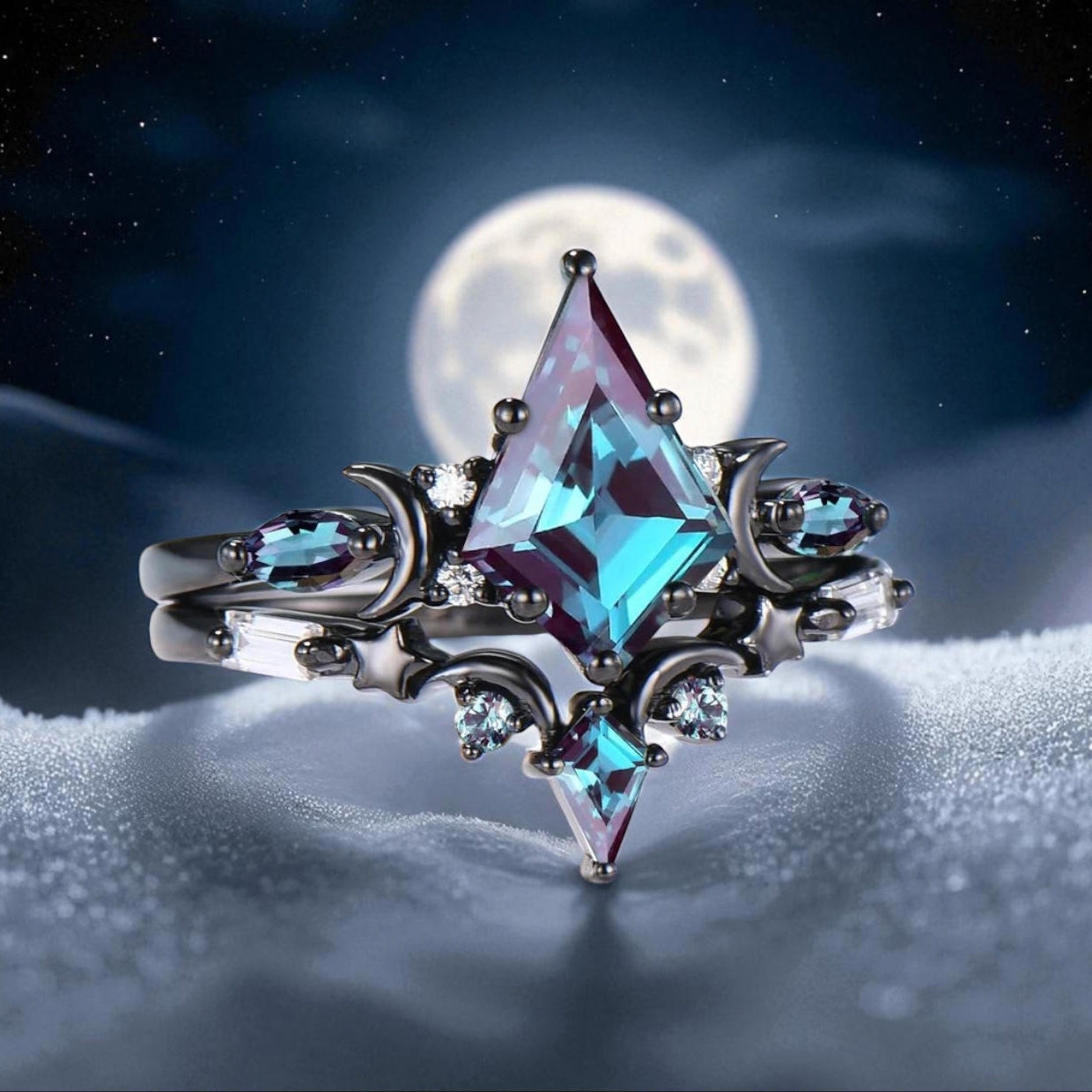 Crescent Moon Star Black Kite Cut Alexandrite June Birthstone Gothic Bridal Ring Set