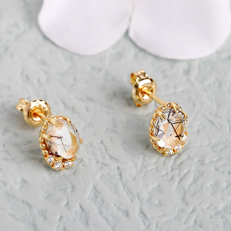 Oval Cut Black Rutilated Quartz Vintage Stud Earrings