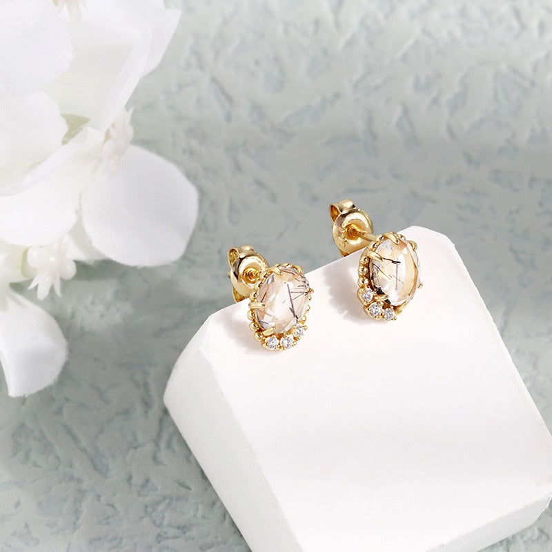 Oval Cut Black Rutilated Quartz Vintage Stud Earrings