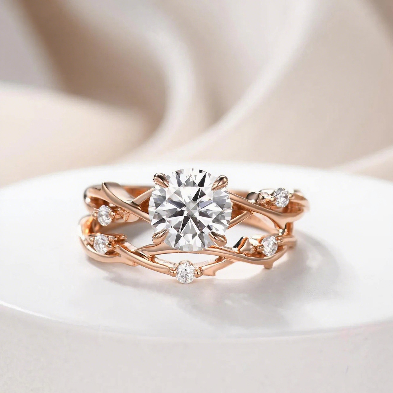 Round Cut Moissanite Twig Solitaire Engagement Bridal Sets