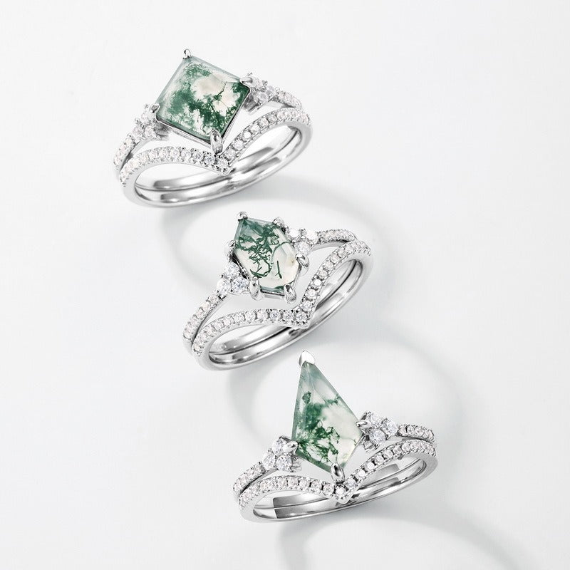 Hexagon Cut Moss Agate Classic Bridal Set