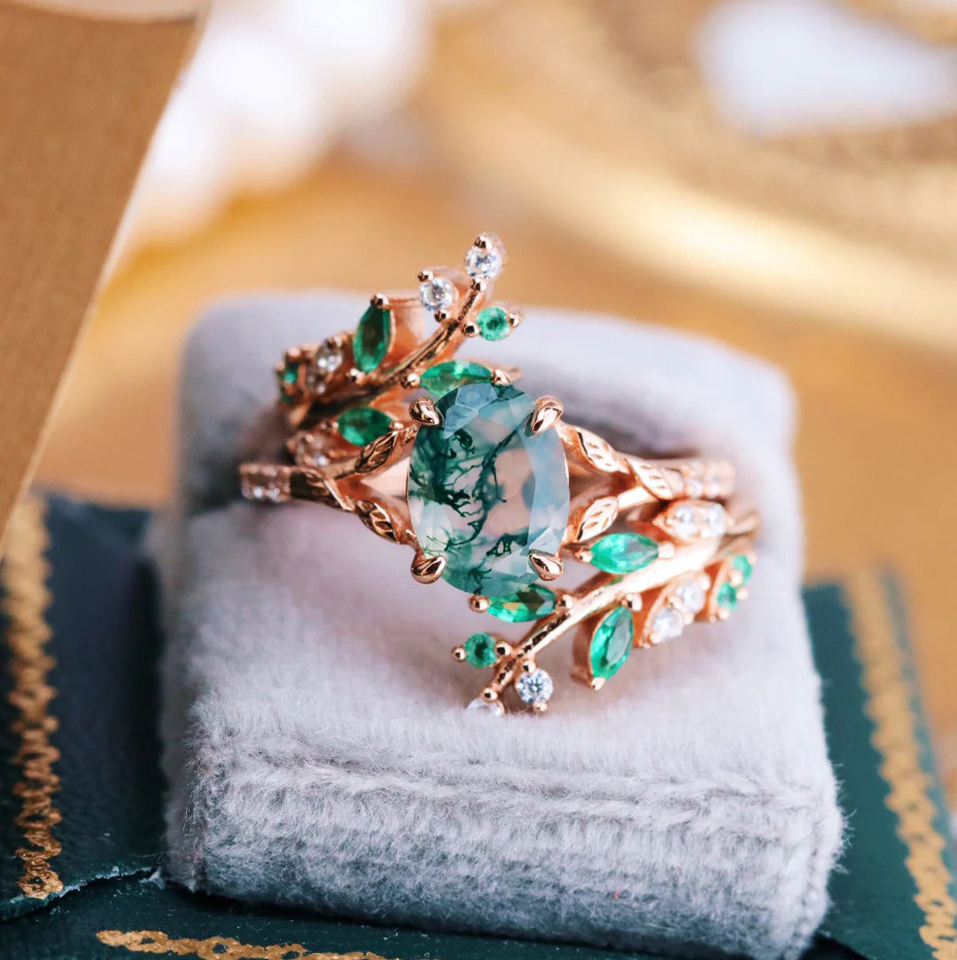 Green Moss Agate & Emerald Leaf Enhancer Bridal Set