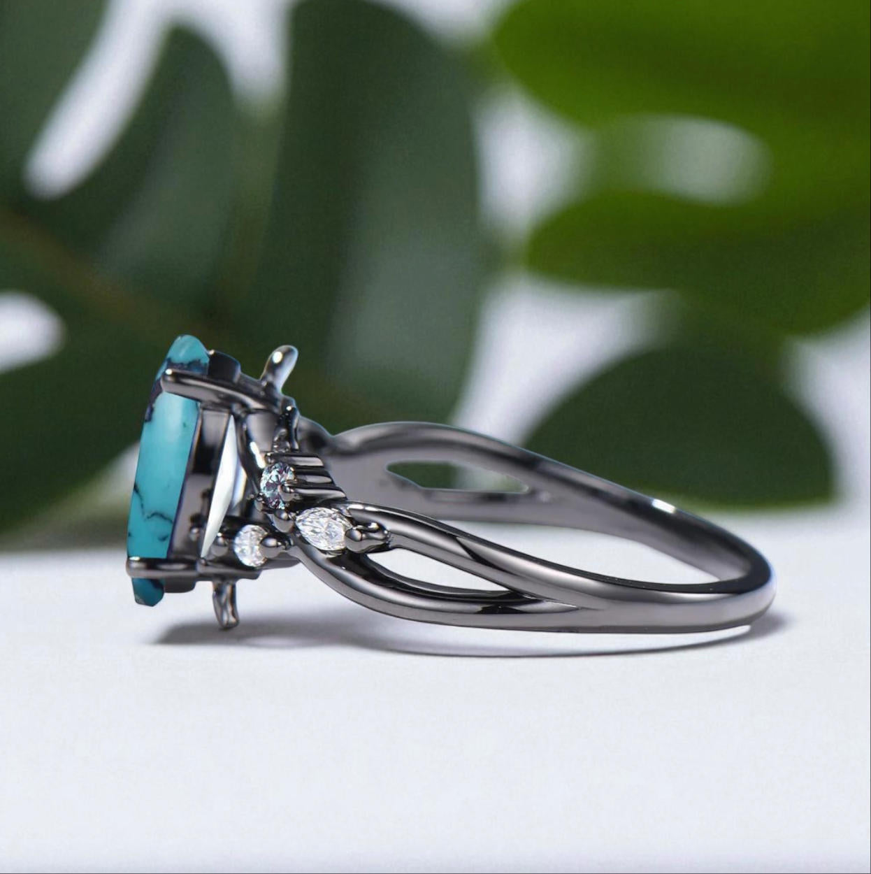 Unique Natural Inspired Gothic Marquise Turquoise Birthstone Engagement Ring