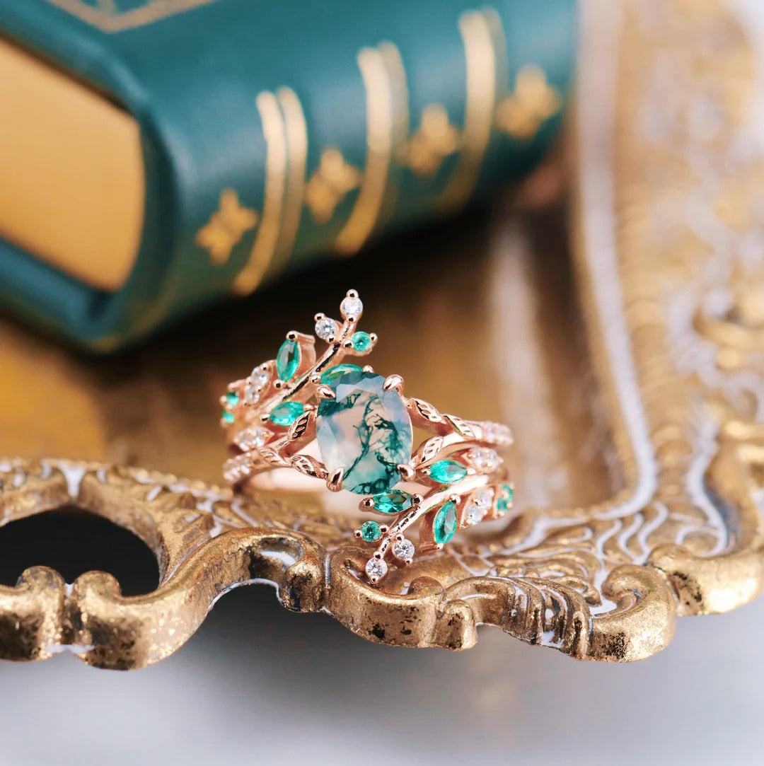 Green Moss Agate & Emerald Leaf Enhancer Bridal Set