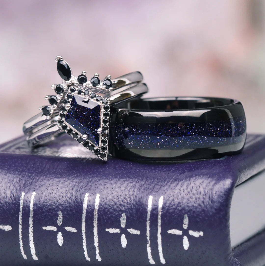 Kite Cut Blue Sandstone Starry Night Engagement Ring Set
