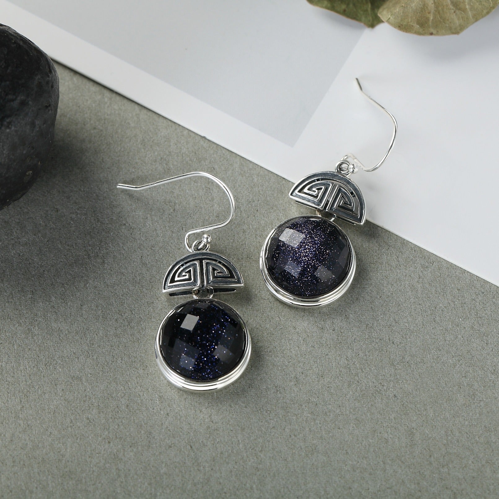 Round Cut Galaxy Blue Sandstone Unique Earrings