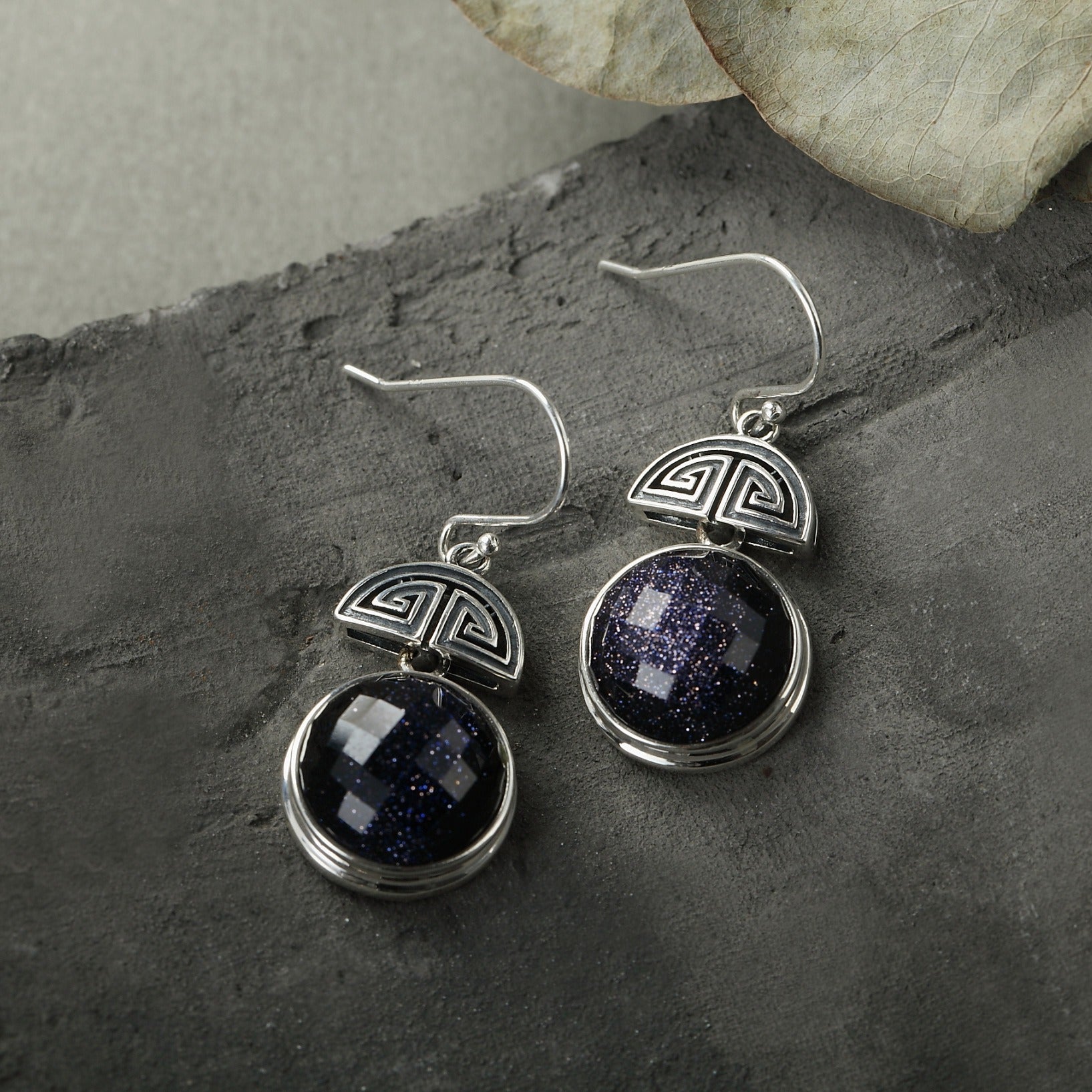 Round Cut Galaxy Blue Sandstone Unique Earrings