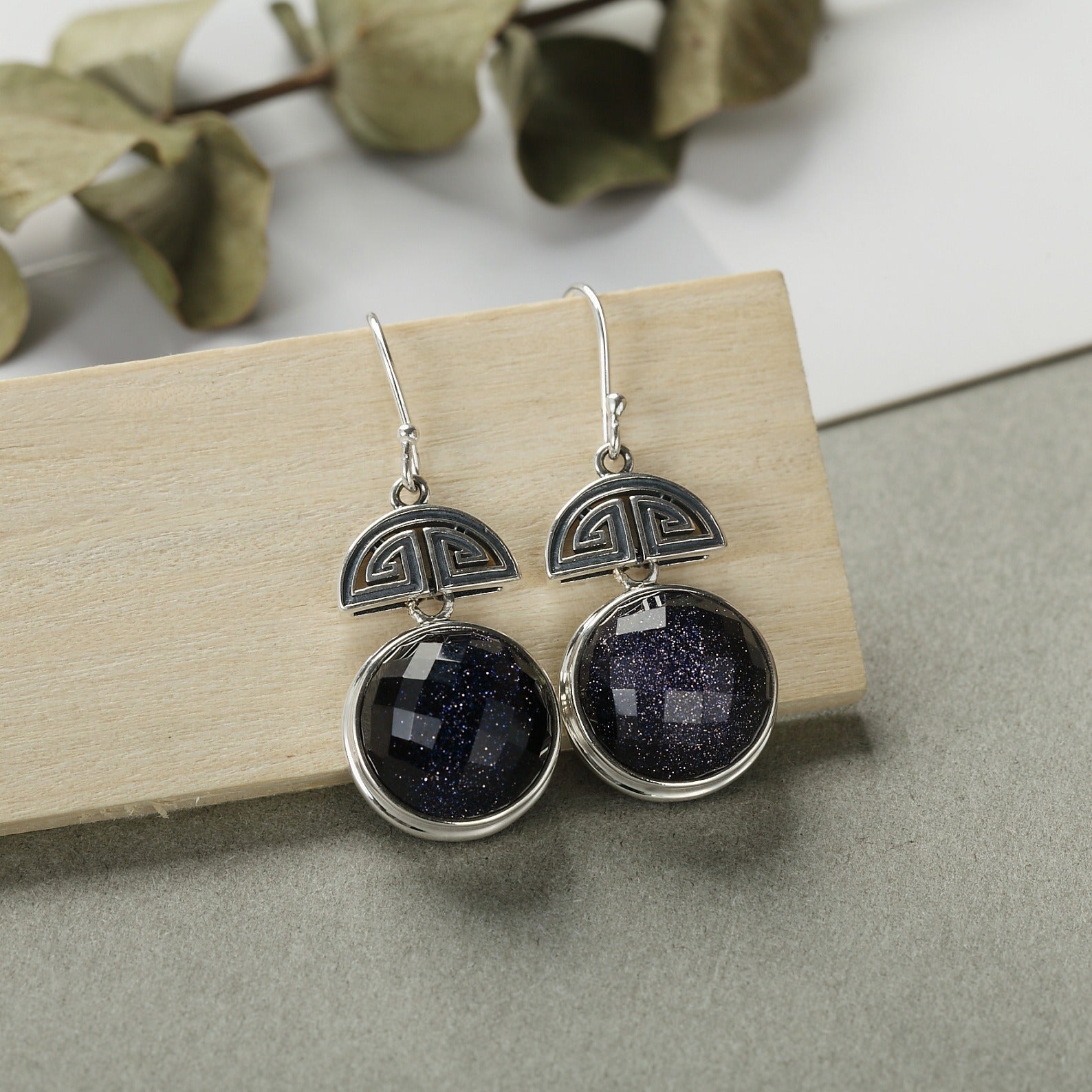 Round Cut Galaxy Blue Sandstone Unique Earrings