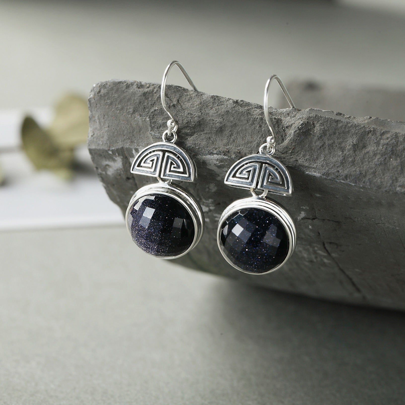 Round Cut Galaxy Blue Sandstone Unique Earrings
