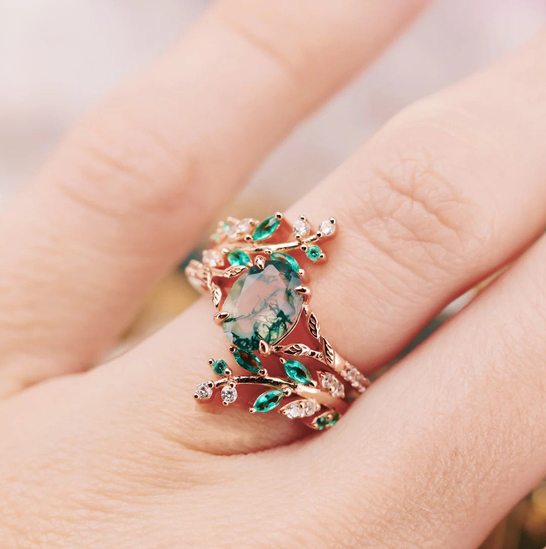 Green Moss Agate & Emerald Leaf Enhancer Bridal Set