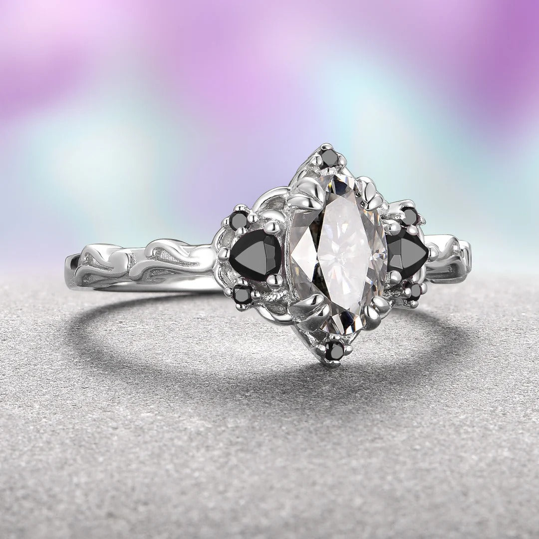 Three Stone Oval Grey Moissanite & Black Moissanite Gothic Ring