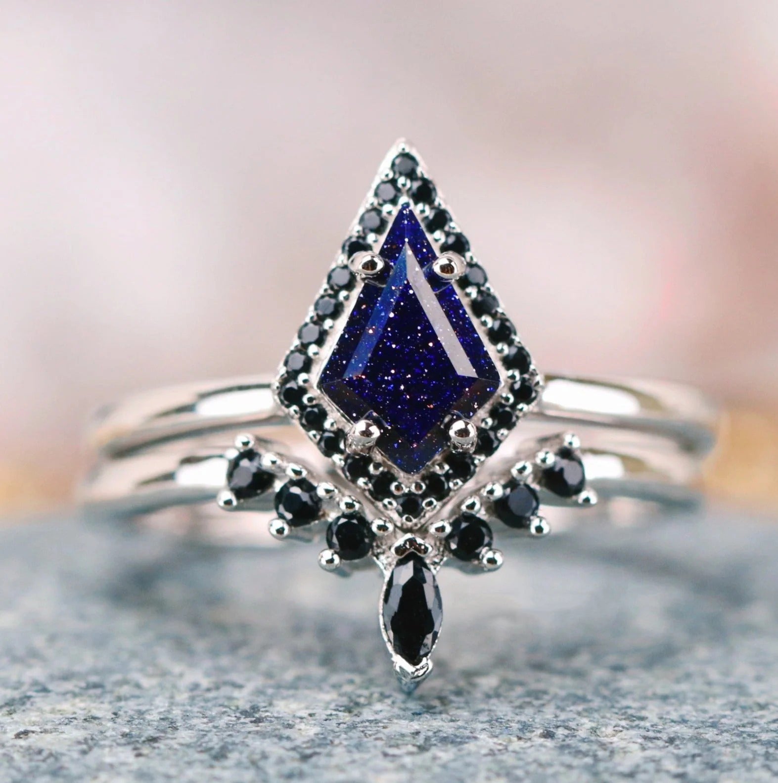 Kite Cut Blue Sandstone Starry Night Engagement Ring Set