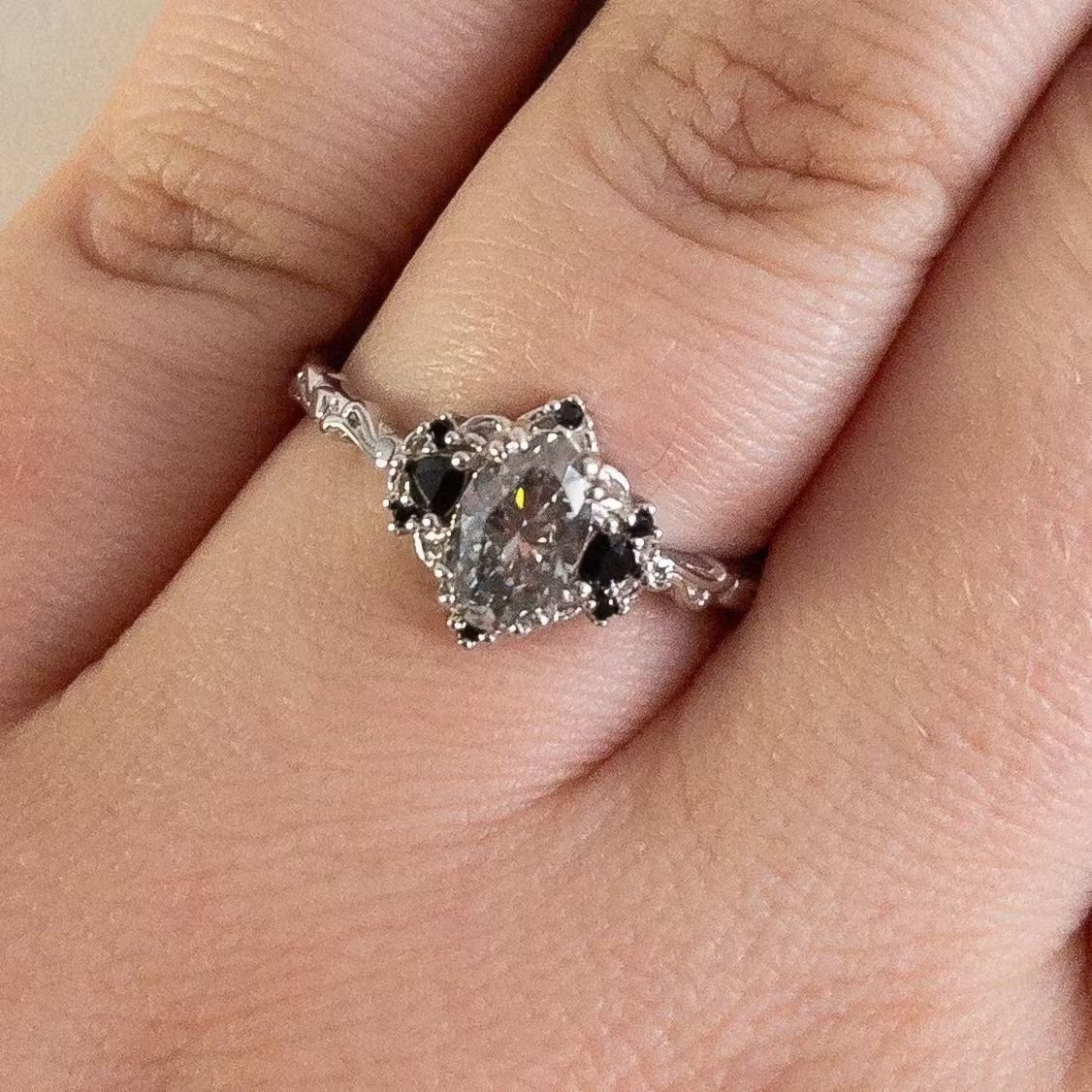 Three Stone Oval Grey Moissanite & Black Moissanite Gothic Ring