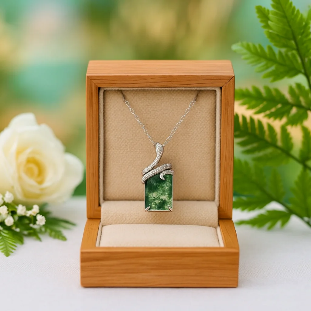 Kite Cut Moss Agate Mystical Serpent Carved Nature Inspired  Necklace