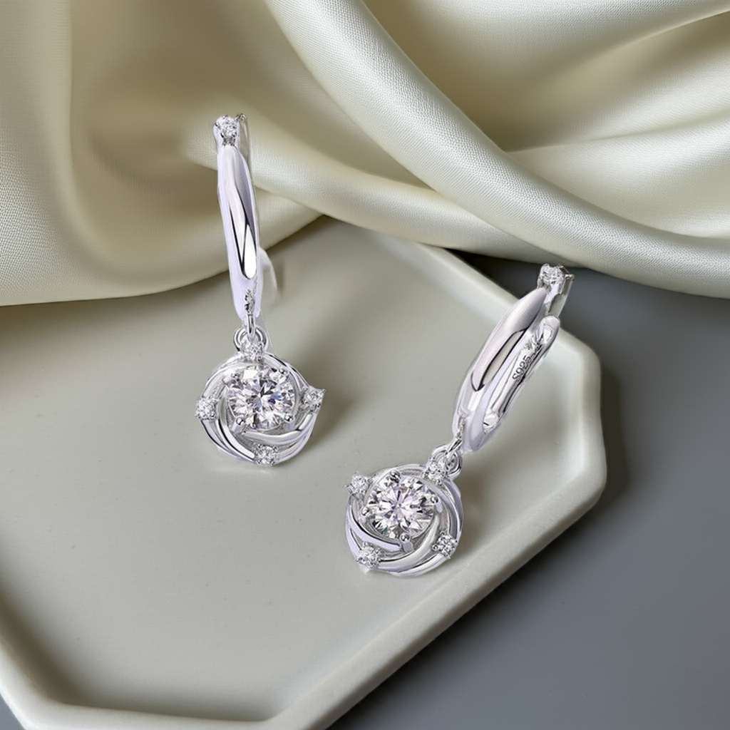 Round Cut Moissanite Nature Inspired Drop Earrings