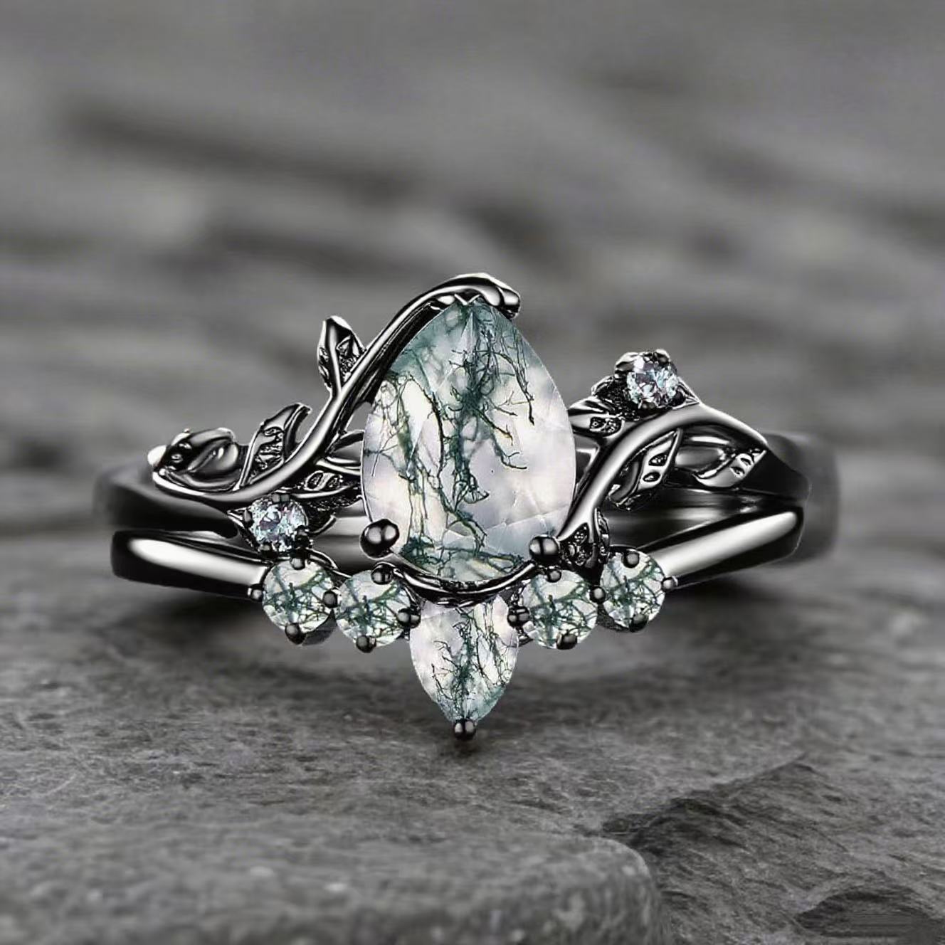 Women Vine Natural Pear Cut Moss Agate Engagement Ring Set