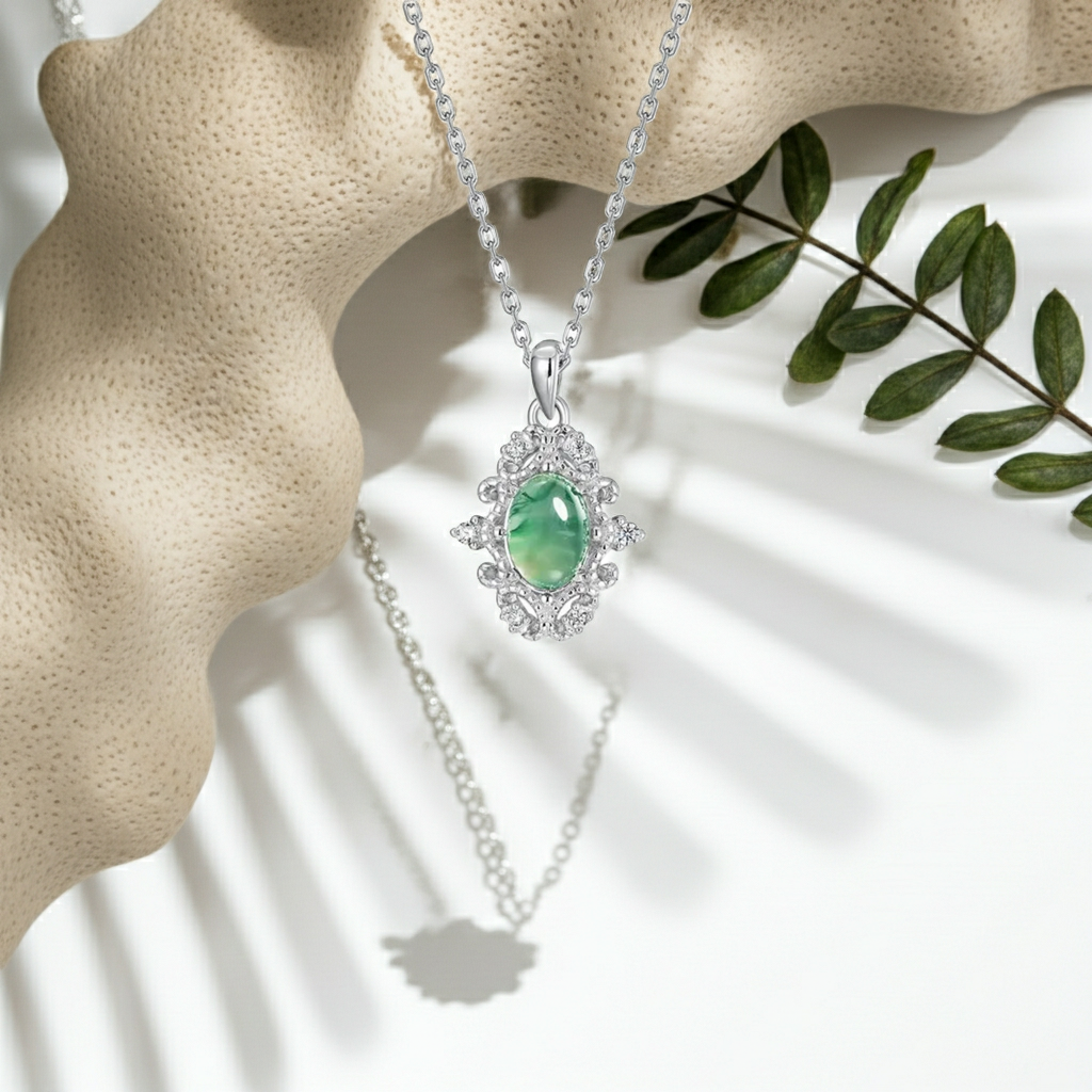 Sylvia Oval Cut Moss Agate VintageNecklace