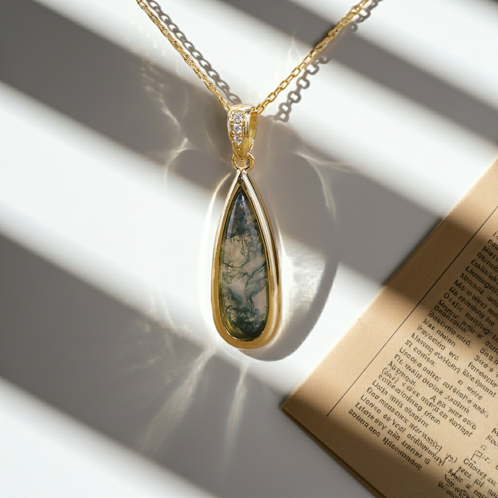 Willow - Drop Cut Moss Agate Classic Necklace Pendant