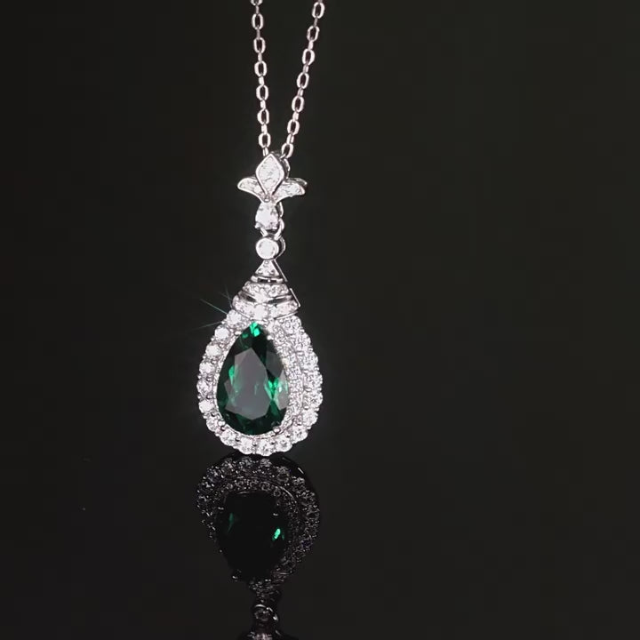 'Forest Dew' Pear Cut Lab Emerald Halo Pendant