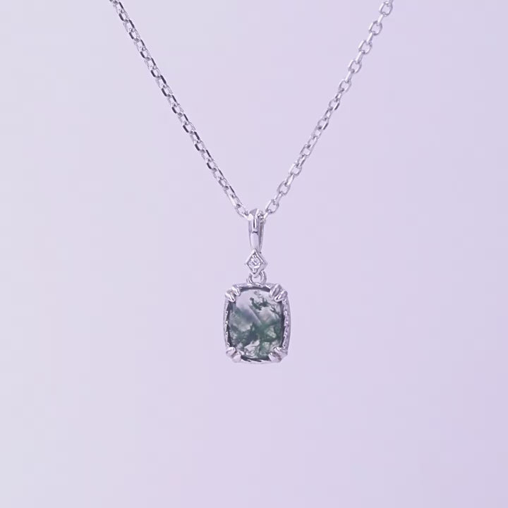 Sylviana Cushion Cut Moss Agate Halo Necklace