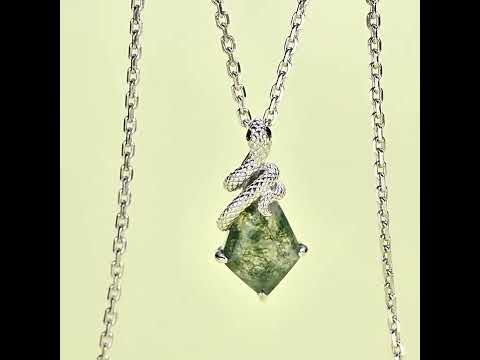 Kite Cut Moss Agate Mystical Serpent Carved Nature Inspired  Necklace
