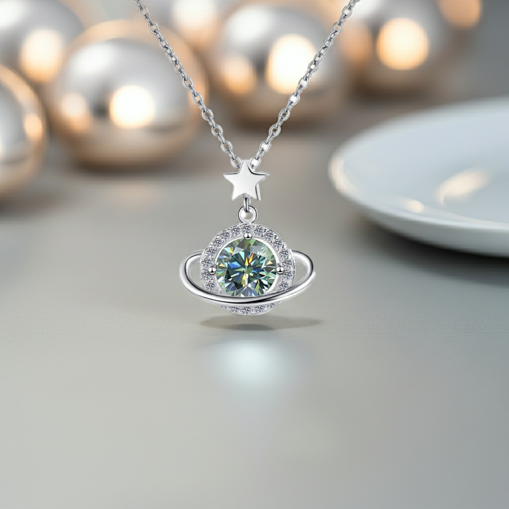Cosmia - Round Cut Green Moissanite Galaxy Necklace